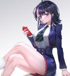  1girl black_hair blue_eyes blue_jacket blue_skirt breasts buttons collared_shirt crossed_legs diagonal-striped_necktie fate/grand_order fate/requiem fate_(series) food food_in_mouth high-waist_skirt highres holding holding_food jacket large_breasts long_sleeves looking_at_viewer medium_hair multicolored_hair necktie open_clothes open_jacket pink_hair pocky pocky_in_mouth school_uniform shirt sidelocks simple_background sitting skirt socks solo streaked_hair striped striped_necktie thighs umeo_(pixiv51103813) utsumi_erice utsumi_erice_(mission_start) white_background white_shirt 