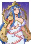  1girl absurdres blue_eyes blue_hair bracelet breasts cape cleavage commentary_request cowboy_shot crown delicious_brain dress fire_emblem fire_emblem_engage grin highres jewelry large_breasts long_hair looking_at_viewer lumera_(fire_emblem) smile solo sparkle standing strapless strapless_dress veil very_long_hair white_dress yellow_cape 