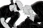  3boys after_kiss blindfold blush dual_persona fushiguro_megumi fushirun_rung gojou_satoru highres jacket jujutsu_kaisen korean_text leg_up long_sleeves male_focus monochrome multiple_boys navel open_mouth pants saliva shirt short_hair smile spiked_hair stirrup_legwear teeth toeless_legwear yaoi 