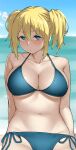  1girl beach bikini blonde_hair blue_bikini blue_eyes blush breasts closed_mouth cloud collarbone commentary_request cowboy_shot freckles halterneck hatakenaka_(kamagabuchi) highres large_breasts looking_at_viewer navel original side-tie_bikini_bottom sidelocks sitting sky solo sweat swimsuit twintails underboob water 