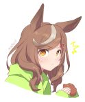  alternate_costume animal_ears artist_name blush brown_hair casual closed_mouth commentary_request eating hair_bun hair_ornament hairclip highres horse_ears horse_girl looking_at_viewer matikane_tannhauser_(umamusume) mukakin portrait single_hair_bun umamusume white_background yellow_eyes 