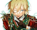 1boy blonde_hair blue_eyes brown_pants collared_shirt colored_eyelashes eichi_turnr ensemble_stars! green_vest grey_background highres jacket long_sleeves looking_at_viewer male_focus official_alternate_costume one_eye_closed open_mouth pants red_jacket shirt smile solo teeth tenshouin_eichi tongue vest white_shirt 