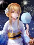  1girl aerial_fireworks blonde_hair braid cotton_candy dairoku_ryouhei erisha_paltier festival fireworks flower hair_flower hair_ornament japanese_clothes kimono looking_at_viewer night night_sky outdoors shima_(shima46653800) sky smile solo standing white_kimono wide_sleeves yellow_eyes 