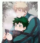  2boys bakugou_katsuki blonde_hair blush bodysuit boku_no_hero_academia border branch breath cellphone chromatic_aberration commentary cosplay costume_switch curly_hair freckles from_side green_bodysuit green_eyes green_hair grey_background hands_up high_collar highres holding holding_phone hug hug_from_behind leaf leaning_back leaning_on_person long_sleeves looking_ahead looking_at_phone looking_away male_focus meltnotmelt midoriya_izuku multiple_boys outside_border parted_lips phone red_eyes sanpaku scar scar_on_hand short_hair sideburns smartphone spiked_hair symbol-only_commentary twitter_username upper_body white_border yaoi zipper zipper_pull_tab 