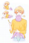  ... 1boy :3 animalization blonde_hair cat clothes_lift cup highres holding holding_cup holding_toothbrush kamishiro_rui kuraritk long_sleeves open_clothes open_shirt project_sekai purple_fur shirt shirt_lift short_hair smile solo t-shirt tenma_tsukasa toothbrush yellow_eyes yellow_shirt 