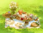  berry blue_flower bread cake cheese flower food hat jam jug_(bottle) leaf mogoshin no_humans nut_(food) on_grass original outdoors picnic sandwich still_life straw_hat sunlight white_flower yellow_flower 