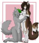  4_toes aldyderg anthro bianca_moonsong_(azeiron) black_nose breasts brown_hair brown_nose canid canine canis collar digitigrade duo embrace featureless_breasts featureless_crotch feet female green_collar green_eyes green_hair hair hi_res hug long_hair male male/female mammal pawpads pregnant pregnant_female tail tail_motion tailwag toes wolf 