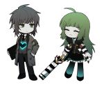  1boy 1girl :3 adapted_costume ahoge aqua_necktie armband black_coat black_footwear black_necktie black_pants black_skirt black_vest chibi chinese_commentary closed_eyes closed_mouth coat collared_shirt commentary_request e.g.o_(project_moon) employee_(lobotomy_corporation) fur-trimmed_coat fur_trim garter_straps gradient_legwear green_eyes green_hair grey_coat grey_hair grey_vest hand_in_pocket heart holding holding_notebook holding_sword holding_weapon jitome lobotomy_corporation long_hair long_sleeves miniskirt necktie no_nose notebook open_clothes open_coat pants project_moon red_armband shirt short_hair simple_background skirt smile smoke_(killscreen_s) sword thighhighs vest weapon white_background white_shirt 