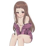  1girl aa211108 arms_between_legs bikini blush breasts brown_hair collarbone idolmaster idolmaster_cinderella_girls invisible_chair jacket koseki_reina long_hair looking_at_viewer purple_jacket simple_background sitting small_breasts solo sweatdrop swimsuit track_jacket very_long_hair white_background white_bikini 