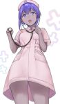  1girl :o cowboy_shot dark-skinned_female dark_skin dress fate/grand_order fate_(series) foreshortening from_below hands_up hassan_of_serenity_(fate) hat highres holding holding_stethoscope hyakuashi2525 light_blush looking_at_viewer looking_down lower_teeth_only nurse nurse_cap open_mouth pink_dress pink_headwear purple_eyes purple_hair short_hair short_sleeves simple_background solo stethoscope teeth upskirt white_background 