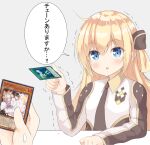  1girl ash_blossom_&_joyous_spring black_necktie blonde_hair blue_eyes blush card collared_dress dress duel_(yu-gi-oh!) duel_monster gununu_elf highres holding holding_card long_hair long_sleeves looking_at_viewer necktie open_mouth out_of_frame pov sky_striker_ace_-_raye sky_striker_mobilize_-_engage! solo_focus translation_request trembling two-tone_dress yu-gi-oh! 