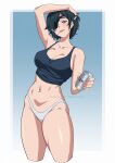  1girl absurdres arm_up beer_can black_hair black_tank_top blue_eyes border breasts can chainsaw_man cigarette cleavage collarbone cropped_legs eyepatch highres himeno_(chainsaw_man) holding holding_can large_breasts mandytsune mouth_hold navel panties parted_lips short_hair solo stomach tank_top thighs underwear white_border white_panties 