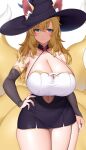  animal_ears blonde_hair blue_eyes breasts bridal_gauntlets cleavage clothing_cutout fox_ears fox_girl fox_tail gloves hand_on_own_hip hat highres large_breasts looking_at_viewer multiple_tails navel original suruga_(xsurugax) tail 