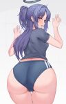  1girl ass black_shirt blue_archive blue_buruma blue_eyes blush buruma commentary gym_uniform halo highres kuavera long_hair looking_at_viewer looking_back official_alternate_costume open_mouth parted_bangs ponytail purple_hair shirt short_sleeves simple_background solo thigh_gap thighs white_background yuuka_(blue_archive) yuuka_(gym_uniform)_(blue_archive) 