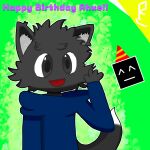  4_fingers anthro birthday birthday_hat burgerycrafty canid canine clothed clothing fingers fox fox_ears fox_tail fur geometry_dash grey_body grey_eyes grey_fur happy_birthday hi_res hoodie male male/male mammal simple_background solo text topwear watermark 