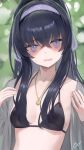  1girl artist_name bikini black_bikini blue_archive blue_eyes blue_hairband blurry blurry_background blush breasts cardigan collarbone commentary crossed_bangs ev_(dai00888) grey_cardigan hair_between_eyes hairband highres jewelry long_hair looking_at_viewer necklace official_alternate_costume open_cardigan open_clothes open_mouth ponytail small_breasts solo swimsuit ui_(blue_archive) ui_(swimsuit)_(blue_archive) upper_body 