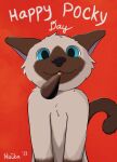  2023 ambiguous_gender anthro candy chocolate dessert domestic_cat felid feline felis food haika happy hi_res mammal pocky pocky_day red_background siamese simple_background solo 