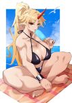  1girl bikini black_bikini blonde_hair blue_sky breasts cleavage commentary_request food fugaku_(miko_no_miyatsuguchi) full_body highres holding holding_food horizon horns hoshiguma_yuugi indian_style large_breasts long_hair looking_at_viewer navel oni_horns open_mouth outdoors pointy_ears ponytail popsicle red_eyes red_horns single_horn sitting sky solo star_(symbol) swimsuit touhou 