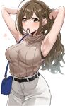  1girl absurdres ahoge armpits arms_behind_head bag bare_shoulders belt black_belt blush breasts brown_eyes brown_hair brown_shirt cowboy_shot dated highres idolmaster idolmaster_shiny_colors kurokin kuwayama_chiyuki large_breasts long_hair looking_at_viewer mouth_hold shirt shoulder_bag simple_background skirt sleeveless sleeveless_shirt smile solo turtleneck tying_hair white_background white_skirt 