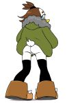  anatid anseriform anthro avian beak bird black_clothing black_legwear black_thigh_highs blue_eyes bottomless brown_clothing brown_footwear brown_hair brown_shoes butt clothed clothing duck eyelashes fan_character feathers featureless_crotch female footwear geramime green_clothing green_topwear hair hi_res legwear looking_at_viewer looking_back looking_back_at_viewer rear_view sega shoes simple_background solo sonic_the_hedgehog_(series) tail thigh_highs topwear white_background white_body white_feathers 