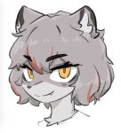  2023 anthro black_nose clothed clothing cute_fangs digital_media_(artwork) female female_anthro fur grey_body grey_fur grey_hair hair headshot_portrait hi_res highlights_(coloring) kemono kloe_mone looking_at_viewer mammal multicolored_body multicolored_fur mustelid musteline portrait reaction_image red_highlights shirt short_hair simple_background smug solo stoat topwear true_musteline two_tone_body two_tone_fur weasel white_background yellow_eyes 