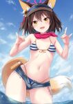  1girl :d animal_ear_fluff animal_ears bikini bikini_under_clothes blue_archive blue_bikini blue_sky breasts breasts_apart brown_hair commentary denim denim_shorts fang flower fox_ears fox_girl fox_shadow_puppet fox_tail front-tie_bikini_top front-tie_top hair_between_eyes hair_flower hair_ornament halo highres izuna_(blue_archive) izuna_(swimsuit)_(blue_archive) kashiwagi_yamine looking_at_viewer micro_shorts nail_polish navel ocean official_alternate_costume open_mouth pink_halo pink_scarf scarf short_hair shorts skin_fang sky small_breasts smile solo striped striped_bikini swimsuit tail visor_cap wading yellow_eyes yellow_nails 