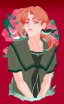  1girl earrings genderswap genderswap_(mtf) hair_ribbon highres jewelry jojo_no_kimyou_na_bouken kakyoin_noriaki long_hair morikiri ponytail purple_eyes red_hair ribbon school_uniform solo stardust_crusaders upper_body 