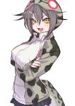  1girl a888_n22 absurdres animal_print breasts covered_nipples crossed_arms drawstring eyelashes eyes_visible_through_hair fang fingernails grey_hair hair_between_eyes highres hood hood_up hooded_jacket jacket kemono_friends large_breasts long_sleeves looking_at_viewer microskirt okinawa_habu_(kemono_friends) open_mouth pale_skin parted_bangs print_jacket simple_background skin_fang skirt smile snake_print snake_tail solo tail taut_clothes taut_jacket v-shaped_eyebrows white_background yellow_eyes zipper zipper_pull_tab 