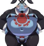  anthro balls belly blue_body blush clothing costume fish-men_(one_piece) flaccid genitals hi_res jinbe male marine moobs nipples omo_kemo one_piece overweight penis penis_base reverse_bunny_costume ribbons solo tattoo thong tusks underwear 