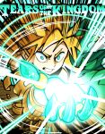  1boy blonde_hair blue_eyes clenched_teeth commentary copyright_name gauntlets gram_9 highres light link looking_at_viewer male_focus medium_hair short_bangs solo spiked_hair teeth the_legend_of_zelda the_legend_of_zelda:_tears_of_the_kingdom upper_body v-shaped_eyebrows 