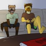  anthro barefoot bottomwear clothed clothing controller duo feet furniture fuze fuzeyeen gaming gulonine hi_res holding_controller holding_object hyena keaton_(ohthatsit) male mammal marten mustelid musteline nintendo nintendo_switch on_sofa pine_marten playing_videogame shirt shorts sitting sofa spotted_hyena t-shirt topwear underwear upshorts 