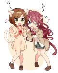  !? 2girls :3 ahoge animal_ear_fluff animal_ears blue21 blue_eyes blush bow bowtie breasts brown_dress brown_hair brown_jacket cat_ears cat_tail collarbone dress fake_animal_ears fake_tail fang full_body green_eyes green_skirt hair_between_eyes hands_up heart ichinose_shiki idolmaster idolmaster_cinderella_girls idolmaster_cinderella_girls_starlight_stage jacket large_breasts leaning_forward loafers long_hair long_sleeves looking_at_another looking_at_viewer maekawa_miku medium_breasts midriff_peek motion_lines multiple_girls one_eye_closed open_clothes open_jacket open_mouth paw_pose pigeon-toed plaid plaid_bow plaid_bowtie red_bow red_bowtie shirt shoes short_hair simple_background skirt smile socks standing sweatdrop tail two-tone_background wavy_hair white_shirt white_socks 