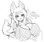  &lt;3 animal_humanoid big_breasts breasts bulge cakecatboy canid canid_humanoid canine canine_humanoid cinnamon_(cakecatboy) cleavage clothed clothing dialogue erection erection_under_clothing female fox_humanoid hi_res huge_breasts humanoid looking_at_viewer mammal mammal_humanoid monochrome question_mark simple_background smile solo speech_bubble tail text 