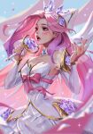  1girl bare_shoulders bow breasts cleavage collarbone cowboy_shot crystal_rose_seraphine detached_sleeves dress flower gem grey_dress hair_flower hair_ornament hands_up hele_bun highres holding holding_microphone league_of_legends long_hair medium_breasts microphone multicolored_hair nail_polish open_mouth pink_bow pink_eyes pink_hair pink_nails seraphine_(league_of_legends) star_(symbol) teeth two-tone_hair upper_teeth_only 