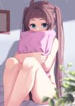  1girl absurdres ahoge bare_shoulders blue_eyes blunt_bangs blurry blurry_foreground blush brown_hair cameltoe highres hololive long_hair looking_at_viewer natsuiro_matsuri object_hug panties pillow plant solo starkamisan thighs twintails underwear virtual_youtuber 