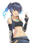  artist_name bare_shoulders belt black_tank_top blue_shorts blush body_markings breasts commentary_request fiery_hair medium_hair navel open_mouth ponytail revvie sena_(xenoblade) short_shorts shorts small_breasts tank_top v xenoblade_chronicles_(series) xenoblade_chronicles_3 