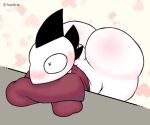  &lt;3 against_surface anthro avian axoarts bent_over big_butt blush blush_lines butt byrd_(salamikii) clothing digital_media_(artwork) feathers male purple_clothing reddened_butt solo thick_thighs three-quarter_view white_body white_feathers x_pupils 