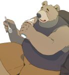 2023 absurd_res anthro arufina_w bear blush bottomwear brown_body clothing dessert eyes_closed food hi_res ice_cream kemono male mammal overweight overweight_male shirt shorts sitting solo topwear 