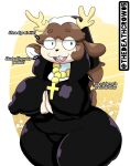  anthro antlers big_breasts braces breasts brown_body brown_hair buckteeth collar cross deer dialogue female hair hi_res horn mammal nun nun_outfit renita_reed_(character) solo spanish_text teeth text thedeathcrow05 thick_thighs 