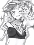  +_+ 1girl ;) absurdres bare_arms bare_shoulders blunt_bangs breasts character_name clothes_lift fang greyscale grin hair_ornament hairclip hand_up highres hololive looking_at_viewer medium_breasts medium_hair momosuzu_nene monochrome nanashi_(nlo) one_eye_closed shirt_lift simple_background smile solo sparkle teeth upper_body v_over_eye virtual_youtuber visor_cap wrist_cuffs 