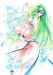  1girl adjusting_hair arim0k0 arms_up artist_name bikini bow breasts commentary_request foot_out_of_frame footwear_bow frog_hair_ornament green_eyes green_hair hair_ornament hands_in_hair high_ponytail highres kochiya_sanae lace-trimmed_bikini lace_trim large_breasts long_hair looking_at_viewer ponytail sample_watermark sandals sarong snake_hair_ornament solo swimsuit touhou 