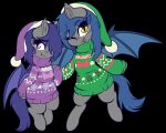  bat_pony christmas christmas_clothing christmas_headwear clothing duo dusk_rhine equid fan_character female feral hasbro hat headgear headwear holidays looking_at_viewer mammal my_little_pony purple_eyes racket_rhine santa_hat sibling_(lore) sister_(lore) sisters_(lore) smile sweater topwear wickedsilly yellow_eyes 