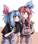  2girls black_shirt blue_bow blue_hair blue_overalls blunt_bangs blush bow closed_mouth commentary cowboy_shot hair_bow hair_intakes hand_on_another&#039;s_arm hand_up hiding hiding_behind_another highres kotonoha_akane kotonoha_aoi layered_shirt leaning_forward looking_ahead multiple_girls natsu_tuna orange_background overalls pink_bow pink_hair pink_overalls raised_eyebrow red_eyes shirt siblings side_ponytail sidelocks sisters smirk strap_pull two-tone_background v-shaped_eyebrows voiceroid wavy_mouth white_background white_shirt 
