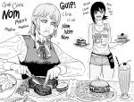  2girls absurdres asparagus bb_(baalbuddy) bread_bun breasts burger cake chainsaw_man collarbone collared_shirt crying crying_with_eyes_open dress drinking_straw ear_piercing earrings eating english_commentary fami_(chainsaw_man) food fork fourth_east_high_school_uniform french_fries fried_chicken greyscale hair_ornament hairclip higashiyama_kobeni highres holding holding_fork holding_knife holding_plate hooters jewelry knife long_sleeves medium_breasts milkshake mini_flag mole mole_under_eye mole_under_mouth monochrome multiple_girls name_tag neckerchief open_mouth piercing pinafore_dress plate ringed_eyes school_uniform shirt short_hair shorts sidelocks sleeveless sleeveless_dress sound_effects standing steak table tank_top tassel tassel_earrings tears trembling waitress 