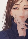  1girl ateka black_sweater brown_eyes brown_hair closed_mouth grey_background hand_up highres ieiri_shoko jujutsu_kaisen long_hair long_sleeves looking_at_viewer mole mole_under_eye simple_background smile solo sweater turtleneck turtleneck_sweater twitter_username upper_body 