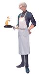  1boy alternate_costume alternate_hairstyle apron arurandeisu black_footwear black_pants black_shirt collared_shirt cooking cross-laced_footwear food frying_pan full_body glasses green_eyes grey_hair grin hand_on_own_hip highres holding holding_frying_pan holostars lack looking_at_viewer male_focus one_eye_closed open_collar pants pasta pizza pizza-kun_(arurandeisu) red-framed_eyewear shirt shoes short_hair simple_background sleeves_rolled_up smile solo spaghetti standing towel virtual_youtuber white_apron white_background 