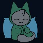  1:1 :3 black_background cloak clothing domestic_cat eyes_closed felid feline felis gooblie_2 green_cloak green_clothing grey_body grey_tail happy isaac_(gooblie_ii) male mammal pillow simple_background sleeping solo tail 