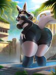  2023 absurd_res animate_inanimate anthro big_breasts breasts butt clothed clothing detailed_background digital_media_(artwork) female fur generation_4_pokemon hi_res inflatable ladnelsiya leaning leaning_forward living_inflatable lucario nintendo pokemon pokemon_(species) solo white_body white_fur yellow_eyes 