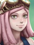  1girl blue_tank_top boku_no_hero_academia commentary cross-shaped_pupils goggles goggles_on_head gohpot green_eyes hatsume_mei highres pink_hair portrait signature smile solo symbol-shaped_pupils tank_top 