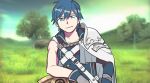  1boy armor blue_eyes blue_hair cape chrom_(fire_emblem) closed_mouth collarbone commentary english_commentary fire_emblem fire_emblem_awakening gloves hair_between_eyes looking_at_viewer male_focus oneroom-disco outdoors short_hair single_sleeve solo straight-on upper_body white_cape 